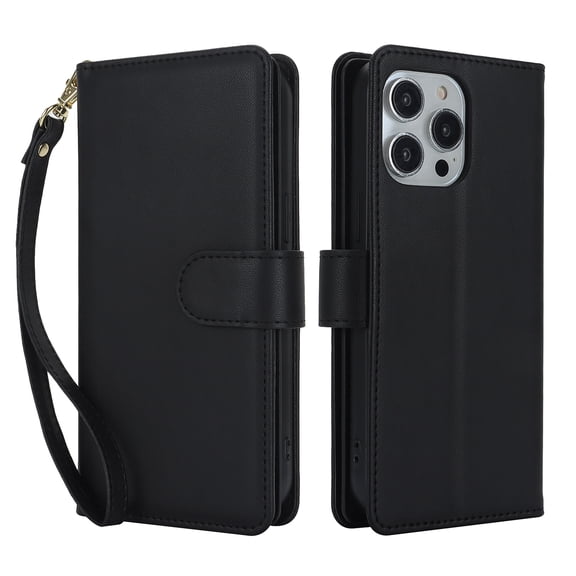TECH CIRCLE For iPhone 12 Pro/iPhone 12 Wallet Case with Card Holder,PU Leather Flip Folio Shell Magnetic Closure Wrist Strap Kickstand Shockproof Protective Cover for Apple iPhone 12 Pro/12,Black