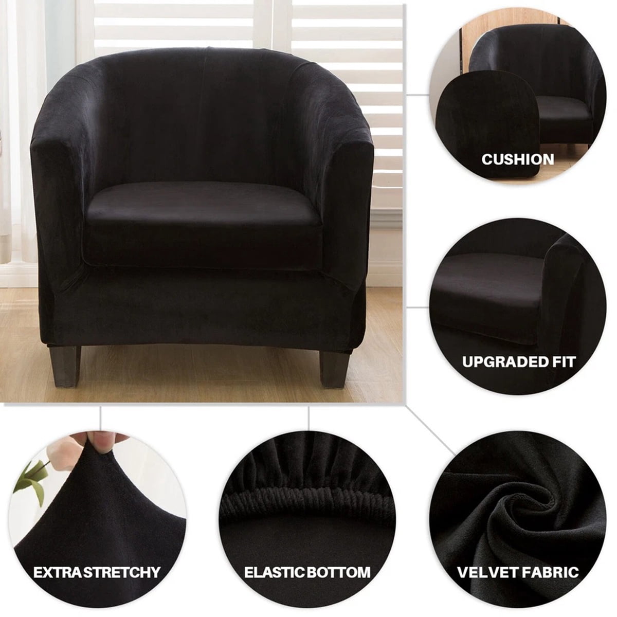 Eurhowing Stretchable Tub Chair Slipcover, 2-Piece Velvet Soft Armchair Cover with Cushion Cover, Elastic Fit Club Chair Sofa Couch Slipcover, 2-Pack, Black