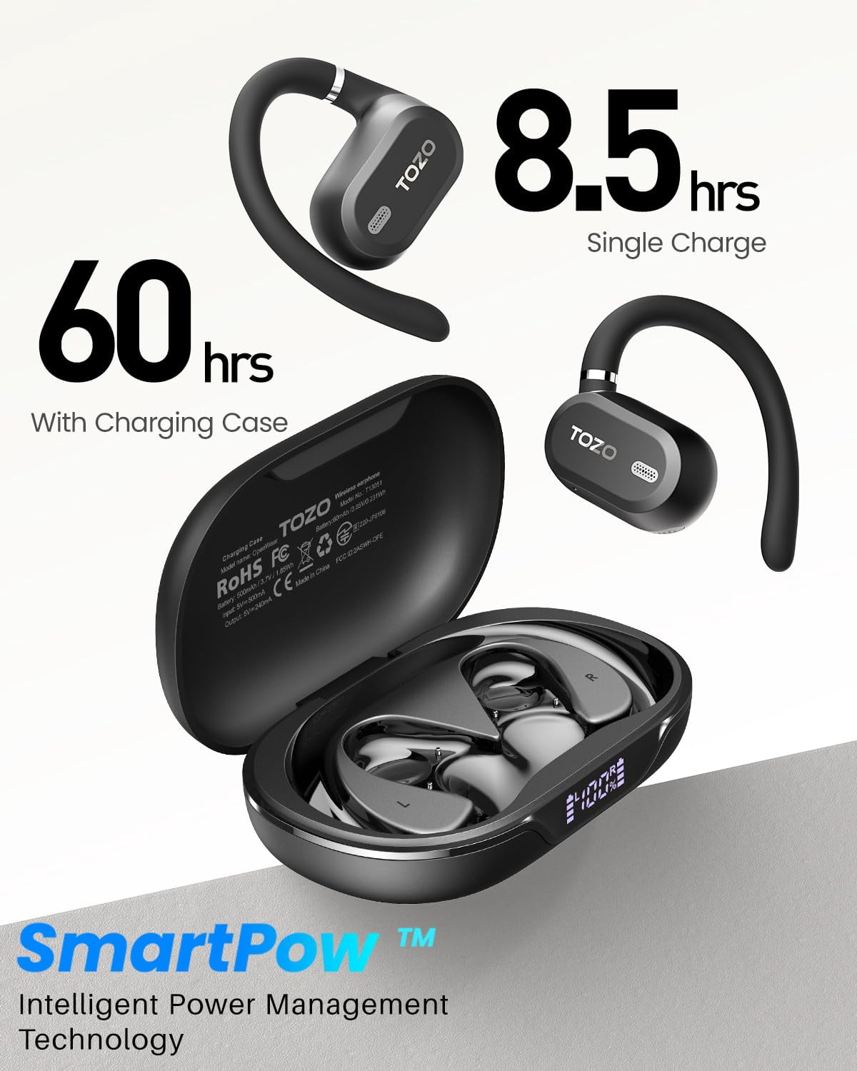 TOZO AI Translation Open Ear Earbuds, Open Ear Bone Conduction Headphones, 145+ Languages, 60H, Stereo Bass, Touch Control, APP-5EQ, Waterproof Lightweight Sports Headphones for Workout Gym, Office
