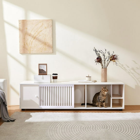 Demi Bonn 66" Modern Cat Litter Box Enclosure TV Stand with Storage and Removable Sliding Door Design, Multi-Functional Cat House for Indoor Cats, White