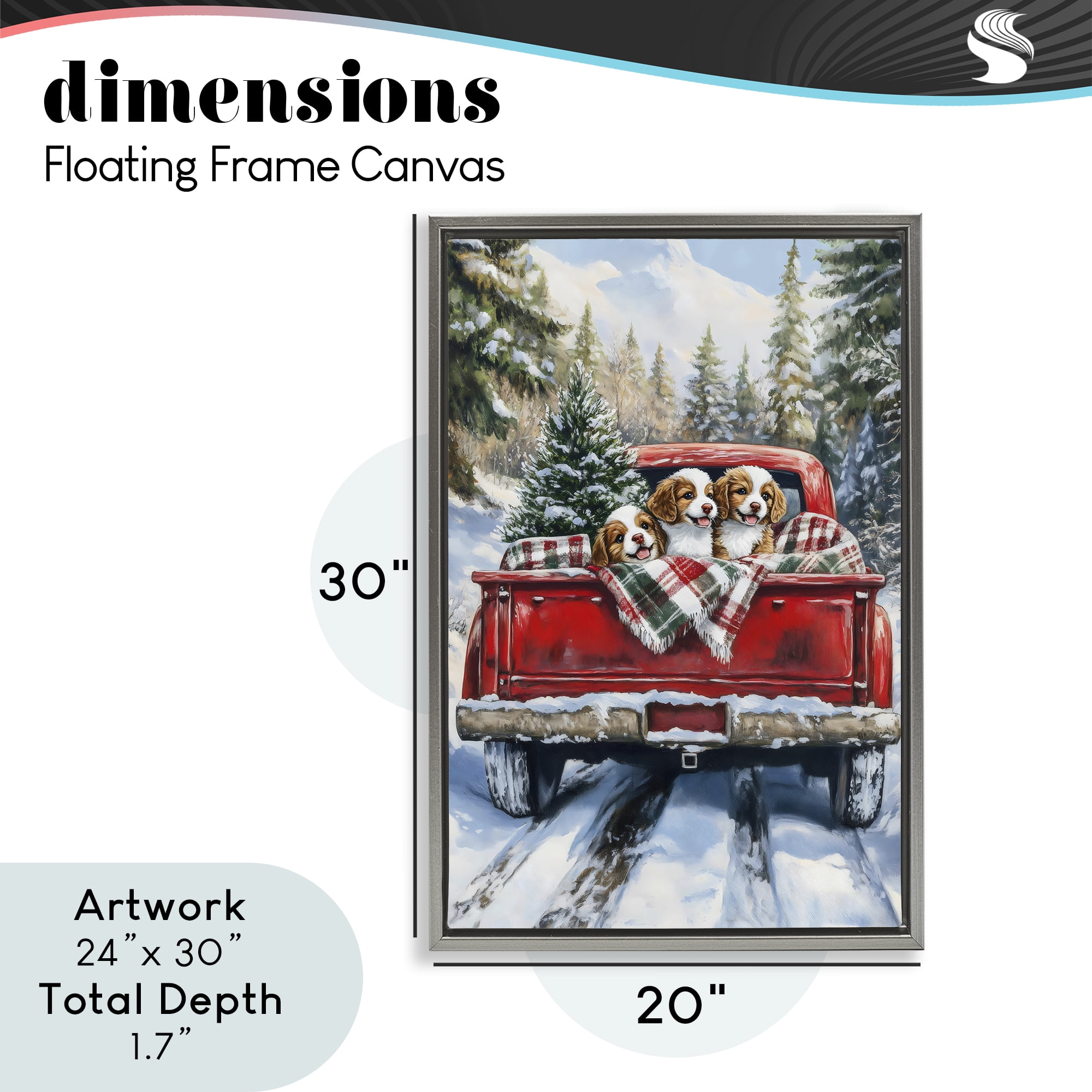 Christmas Truck Pups Trio Gray Framed Floater Canvas Wall Art, design by Petal Prints Design