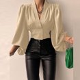 thumbnail image 2 of Tops for Women Sexy Casual Women Spring Casual Solid and Printed V-Neck Lantern Long Sleeve Buttons Pullover Blouse Shirt Draw Back Short Tops Women Tops Long Sleeve, 2 of 9