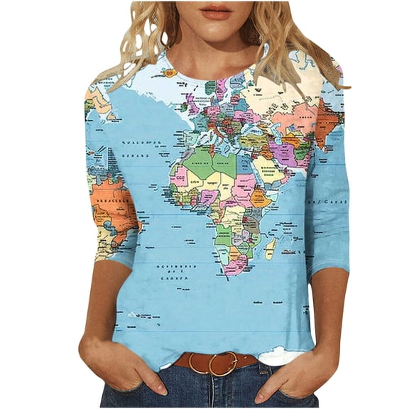 Raeneomay 3/4 Length Sleeve Womens Tops Women's Map Print Fashion Printed Round Neck T-Shirt Tops