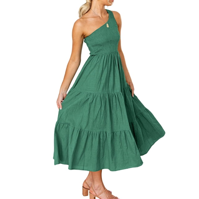 Qarigey Vestido largo de mujer estético sin mangas plisado un hombro vestido de noche Club playa vacaciones mujer ropa de verano Vestidos Verde L Qarigey AP011089-23
