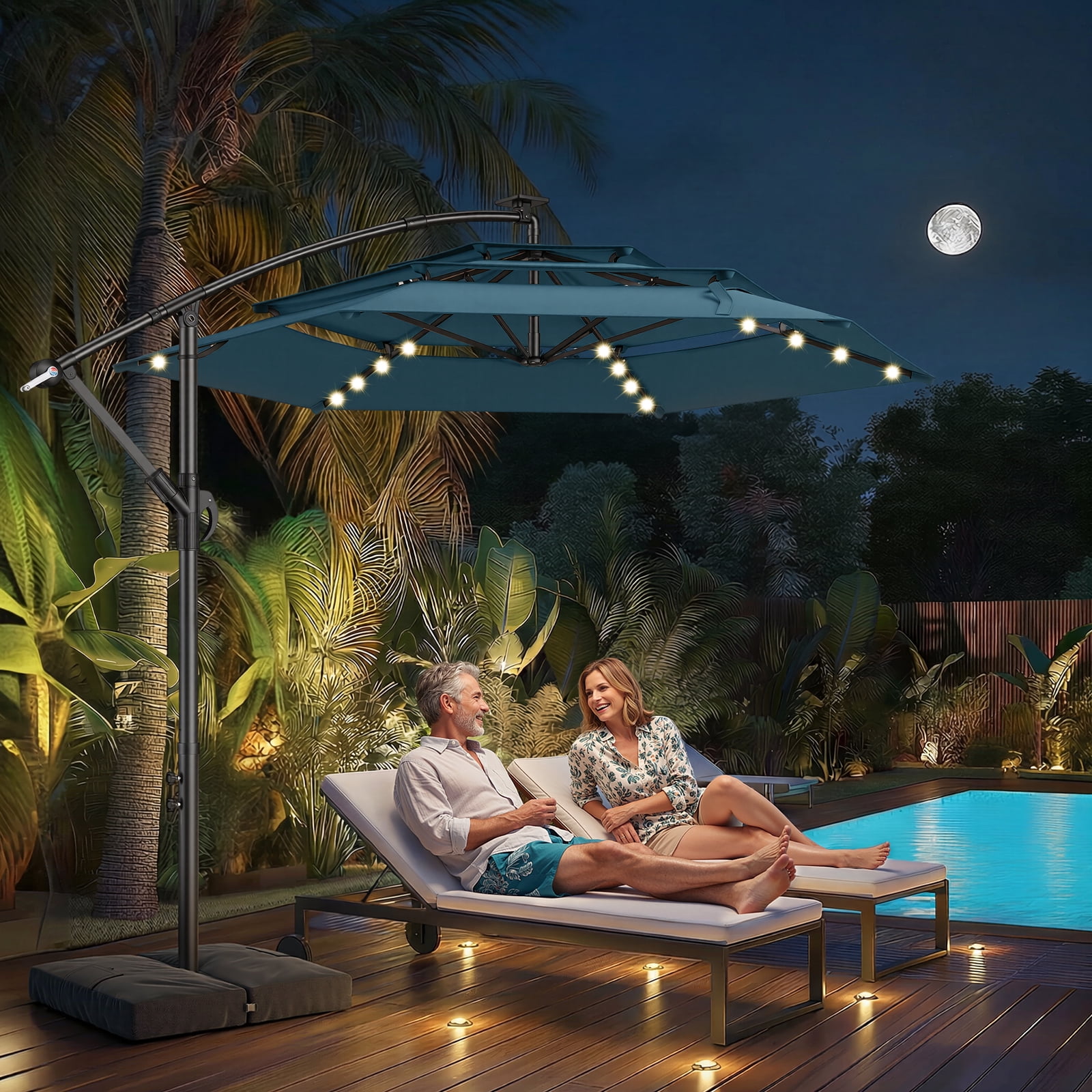 led cantilever offset patio umbrella 10 Feet with 32 Lights and Solar Panel enhancing your outdoor living experience with comfort and elegance HOMSHADE 10FT Solar LED Cantilever