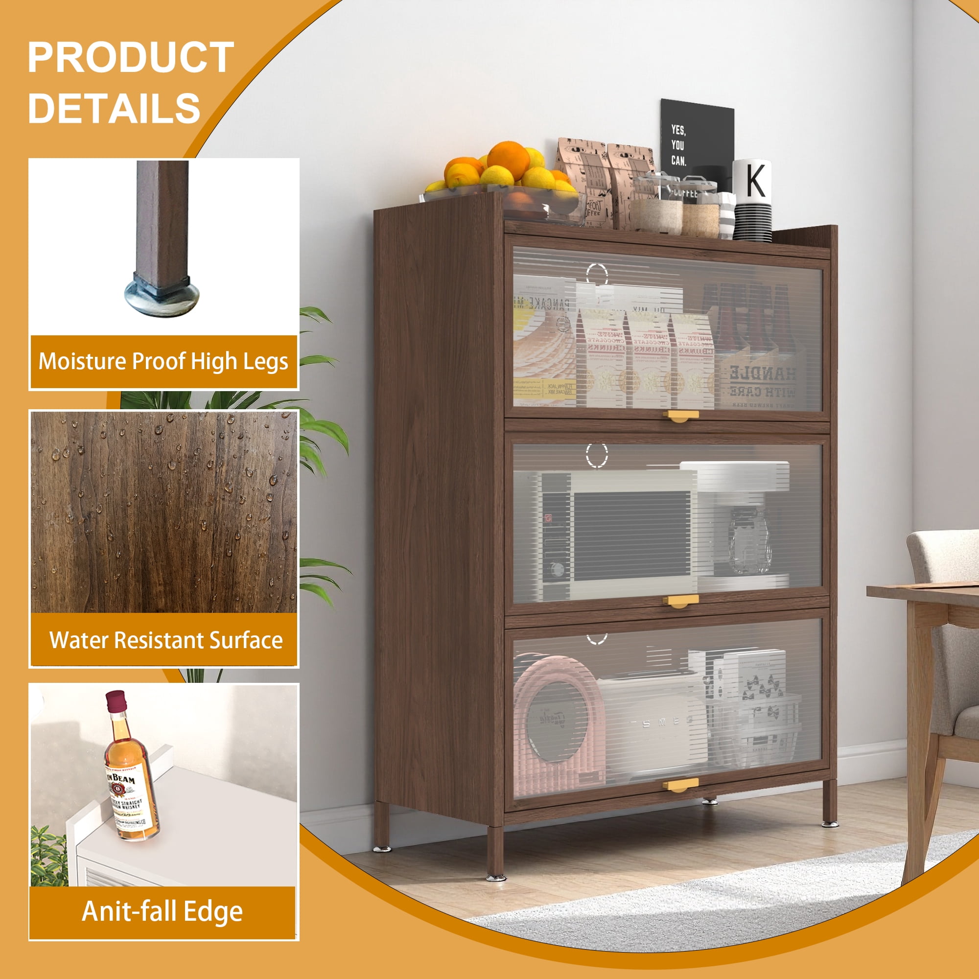 Mintazer Metal Pantry Cabinet, Storage Cabinet with 3 Flip Doors for Kitchen, Living Room, Dining Room, Office, Brown