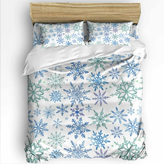 Christmas Snowflakes Twin Size Comforter Set, Blue Green Snowflakes Winter Xmas Soft Bedding for All Seasons, 4 Pcs Bed Set with 1 Comforter (68"x86") ,1Sheet(66"x116"), 2 Pillowcases (19"x29")