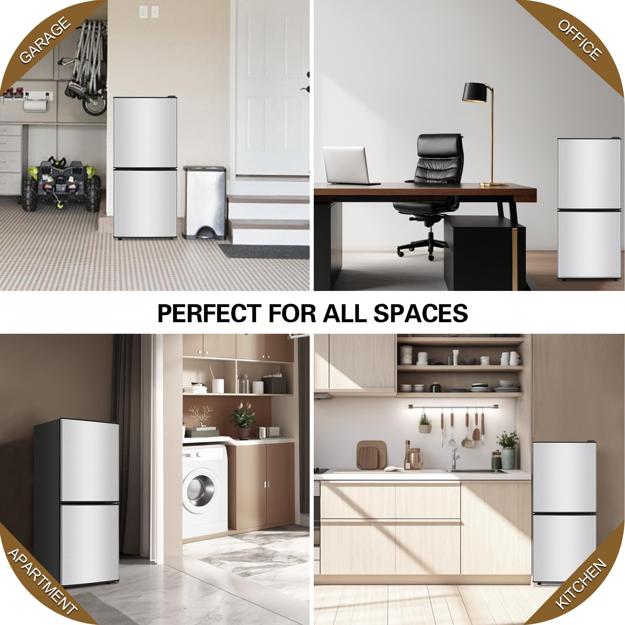4.2 Cu.Ft Small Fridge with Freezer, 7 Level Adjustable Thermostat, 2 Door Design, Removable Glass Shelves, Quiet 38dB Energy Saving for Dorm Office Kitchen, Silver