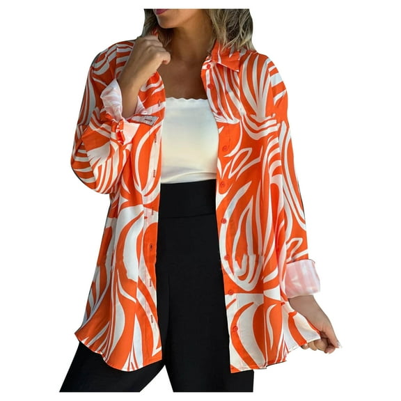 Blouses for Women Dressy Casual Rolled Long Sleeve Graphic Print Lapel Button up Shirts Early Spring Plus Size Tops(Orange,XXXL)