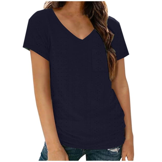 Timegard Hauts d'Été pour Femmes, T-Shirts Longs Confortables à Manches Courtes et Col en V avec Poche