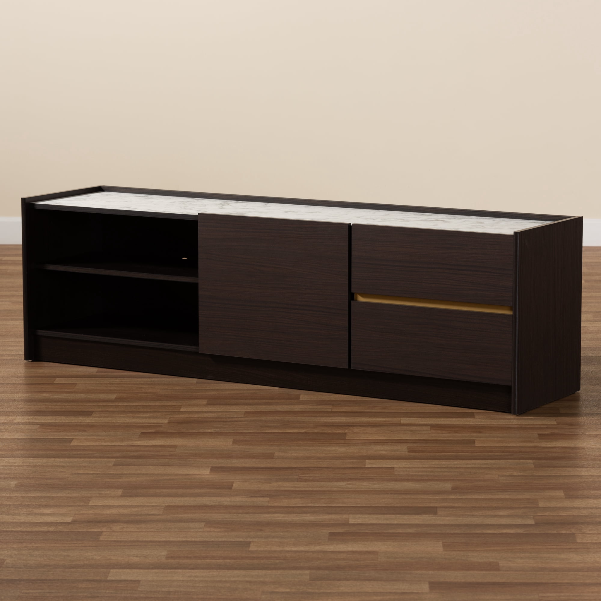 Baxton Studio Walker Modern and Contemporary Dark Brown and Gold Finished Wood TV Stand with Faux Marble Top