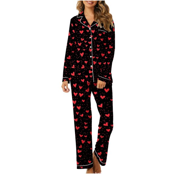 Iyufng Womens Pajama Sets Long Sleeve,Valentines Pajama Sets for Women Plus Size,Sleepwear Sets,Womens Loungewear with Pockets V-Neck Valentine's Day Love Heart Printed 2 Piece Pjs S-XXXL