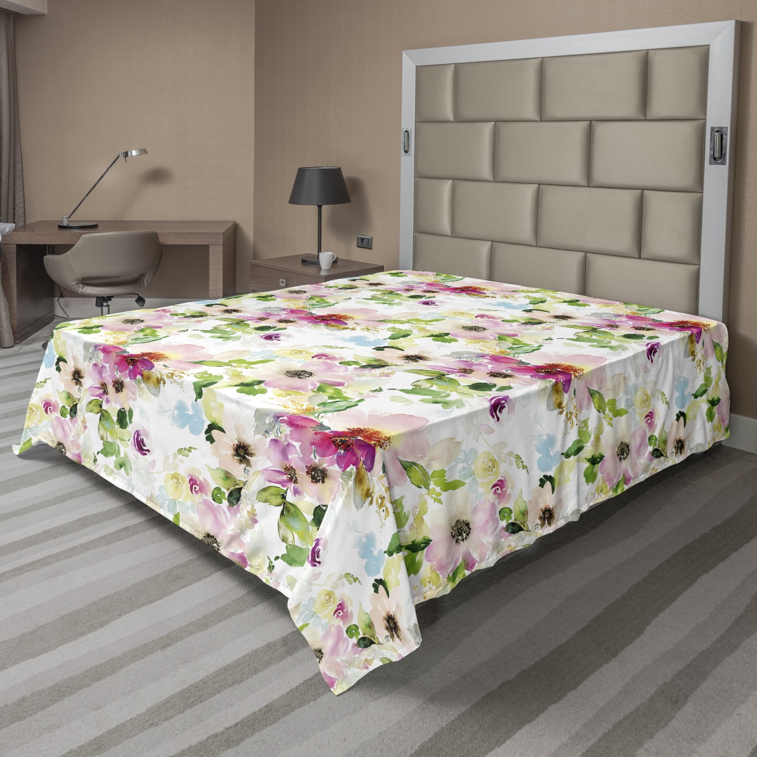 Floral Flat Sheet, Spring Season Flowers Leaves Pastel Watercolors Hand Painted Vintage Romantic