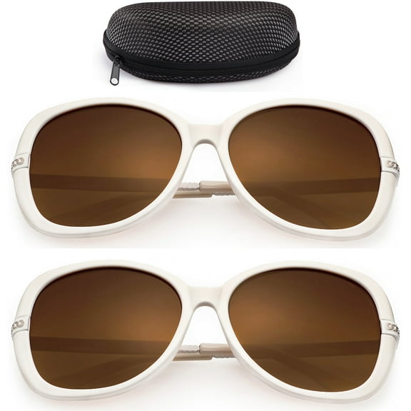 2 Oversized Polarized Sunglasses for Adult Female Women with Case, Brown