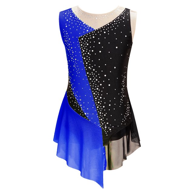 Yeahdor Kids Girls Shiny Rhinestone Mesh Splice Figure Skating Jumpsuit Color Block Gymnastics Leotard Biketard Unitard Royal Blue 8