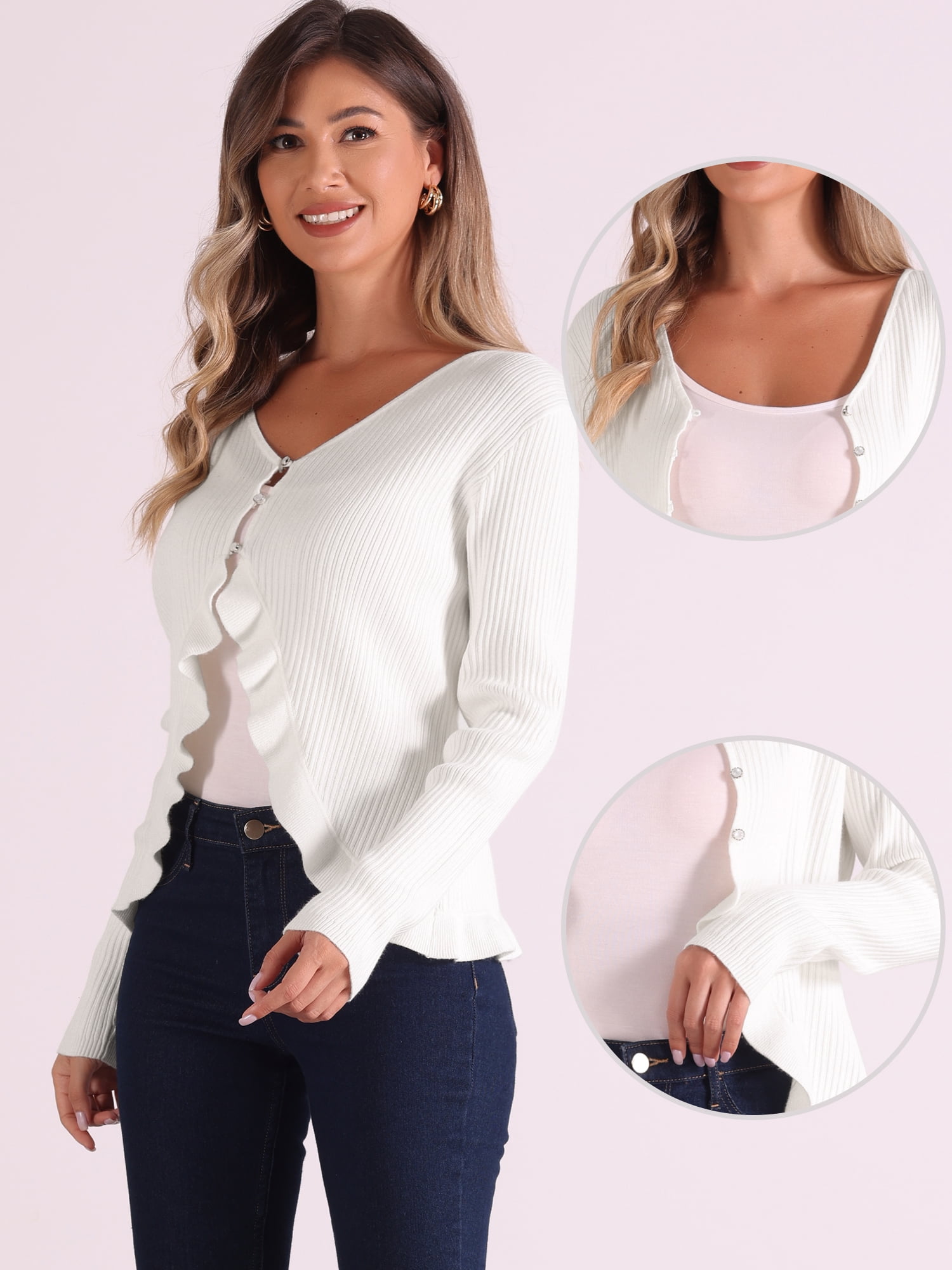 DARING DIVA Women's Ruffle Cardigan V Neck Long Sleeve Open Front Knit Bolero Shrugs M White