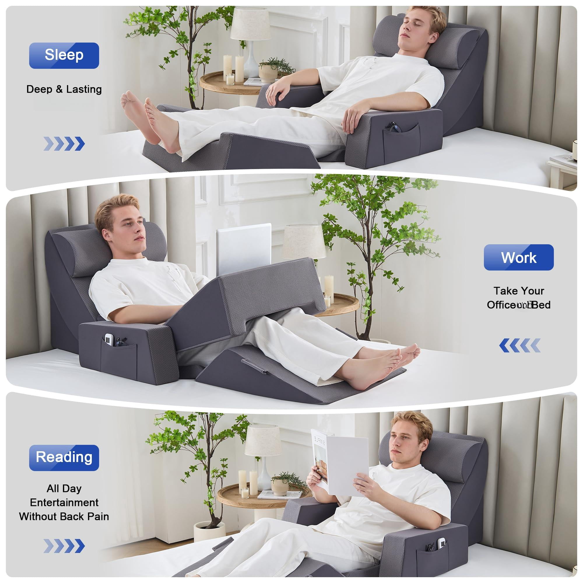 Wedge Pillow Set  9pcs Adjustable Memory Foam Neck Leg Reading With Breathable Seersucker Dark Grey