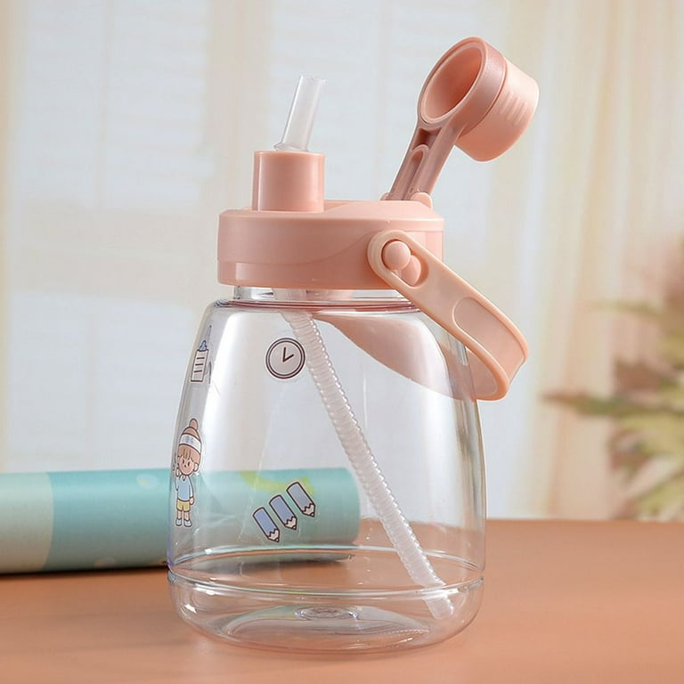 Plastic Camping Drinking Water Bottle Reusable Leakproof Cup Sports Bottle  Water Jug Children's Water Sippy Cup Children's Straw Cup Big Belly Cup  Bear Water Cup PINK 
