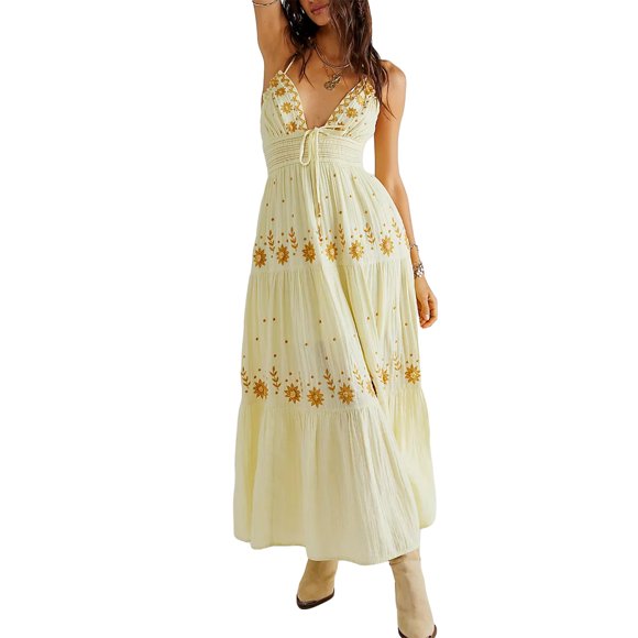 Diconna Women Summer Casual Long Dress Flower Embroidery Tie-Up Halter Neck Sleeveless Dress Fashion Backless A-line Dress
