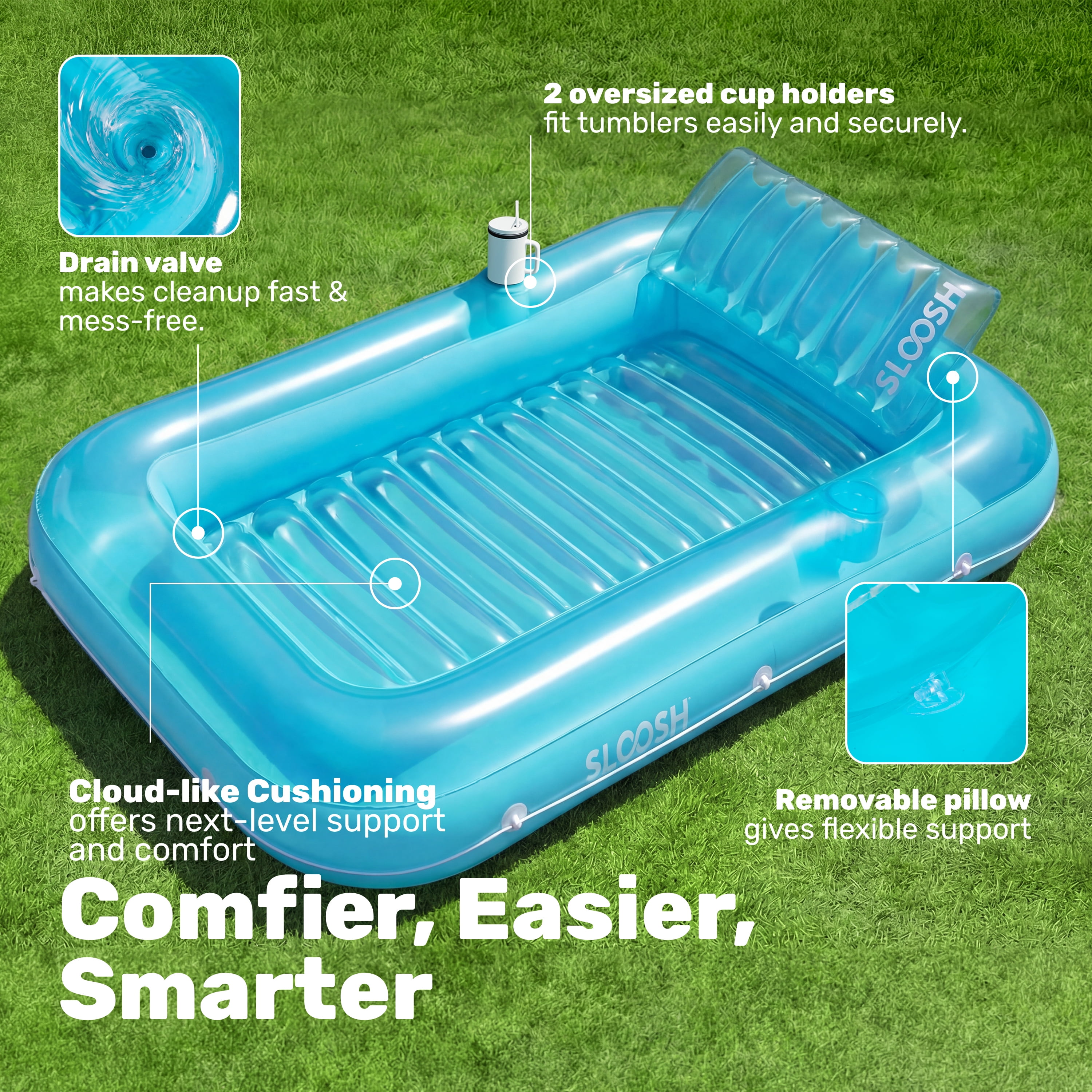 SLOOSH Inflatable Tanning Pool Lounger Float, 70" x 46" Large Suntan Tub with Pillow, Water Raft Float For Kids & Adults, L-Blue