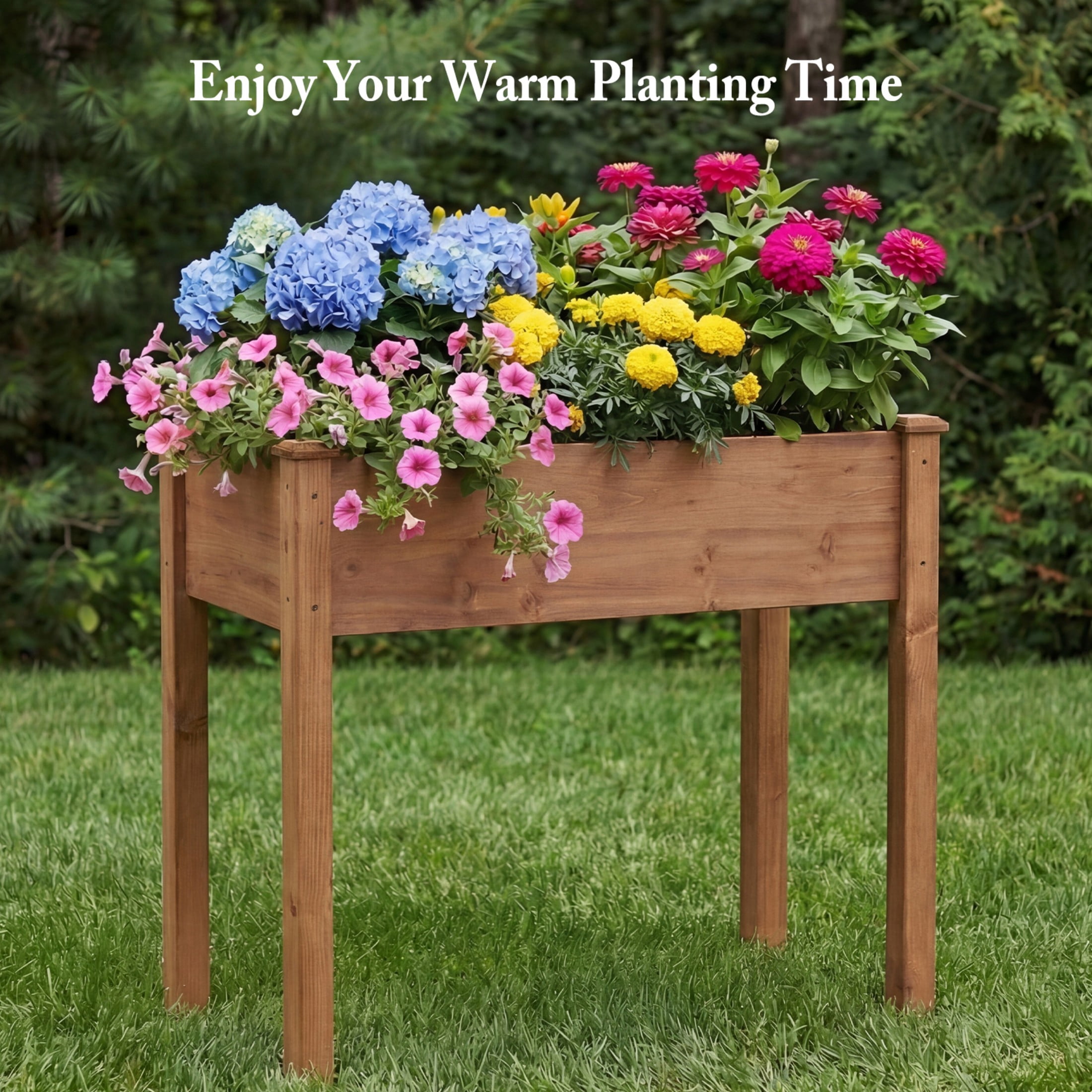 SHOUFTW Elevated Wooden Planter Box-34"x18"x30" Raised Garden Bed with Built-in Drainage & Protective Liner for Backyard, Patio & Balcony, Brown