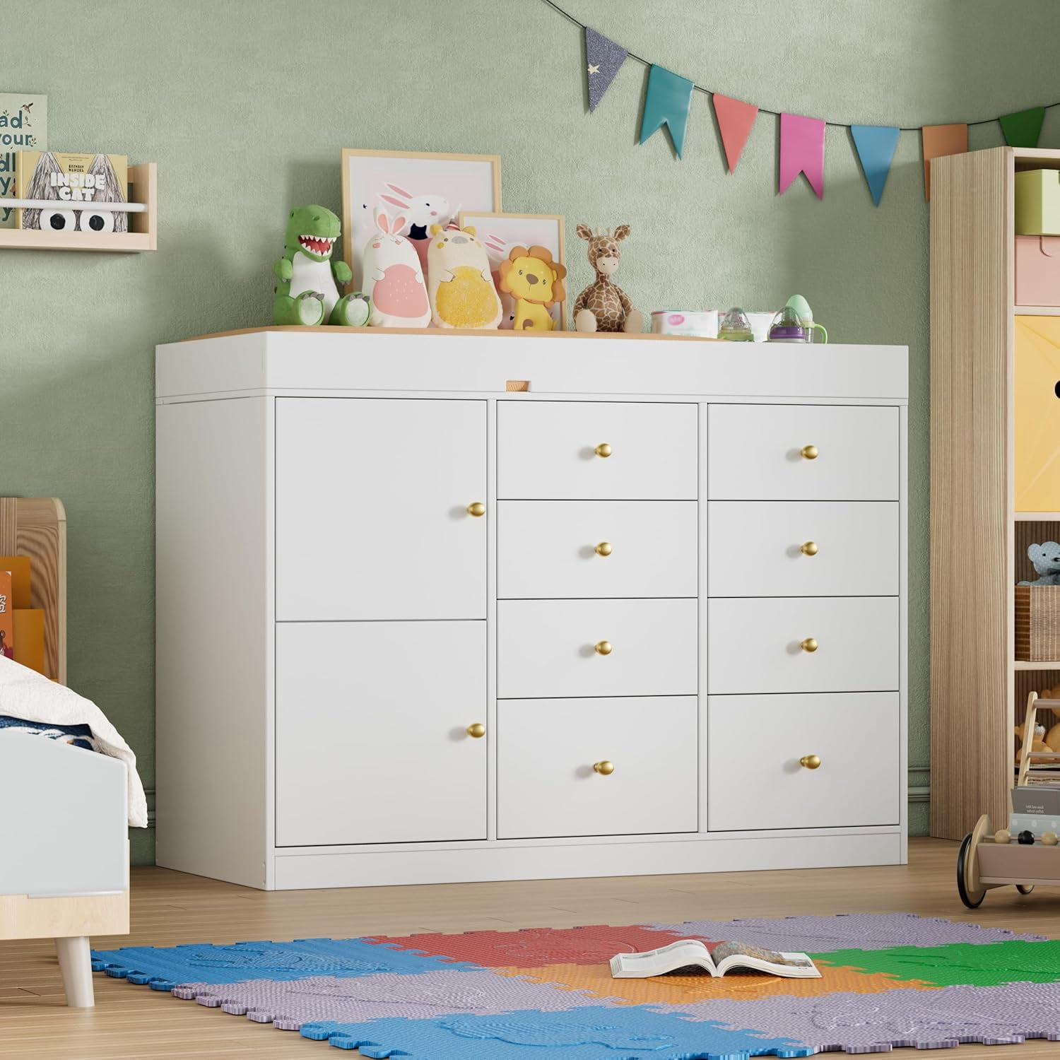 PAKASEPT 43.3" W Changing Table Dresser with Changing Table Top, Baby Nursery Dresser with 8 Drawers and 2 Cabinet, Diaper Changing Station