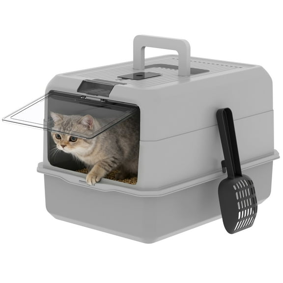 Cat Litter Box Enclosure Large Litter Box with Front Door Flap and Scoop Plastic Gray