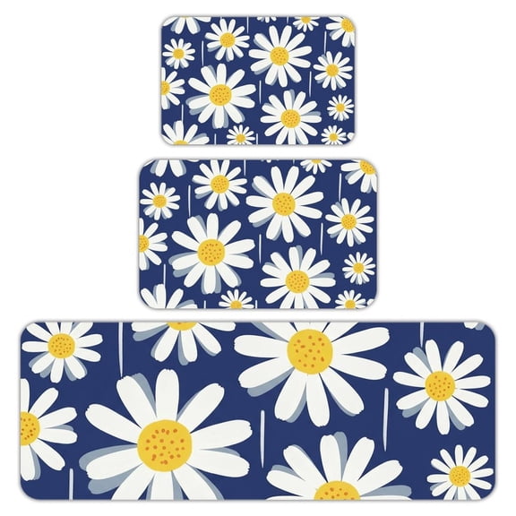RKSupls Kitchen Rug Set 3 Piece Anti-Slip Flannel Floor Mats, Blue Daisy Washable Absorbent Runner Mats for Kitchen Bathroom Home Decor