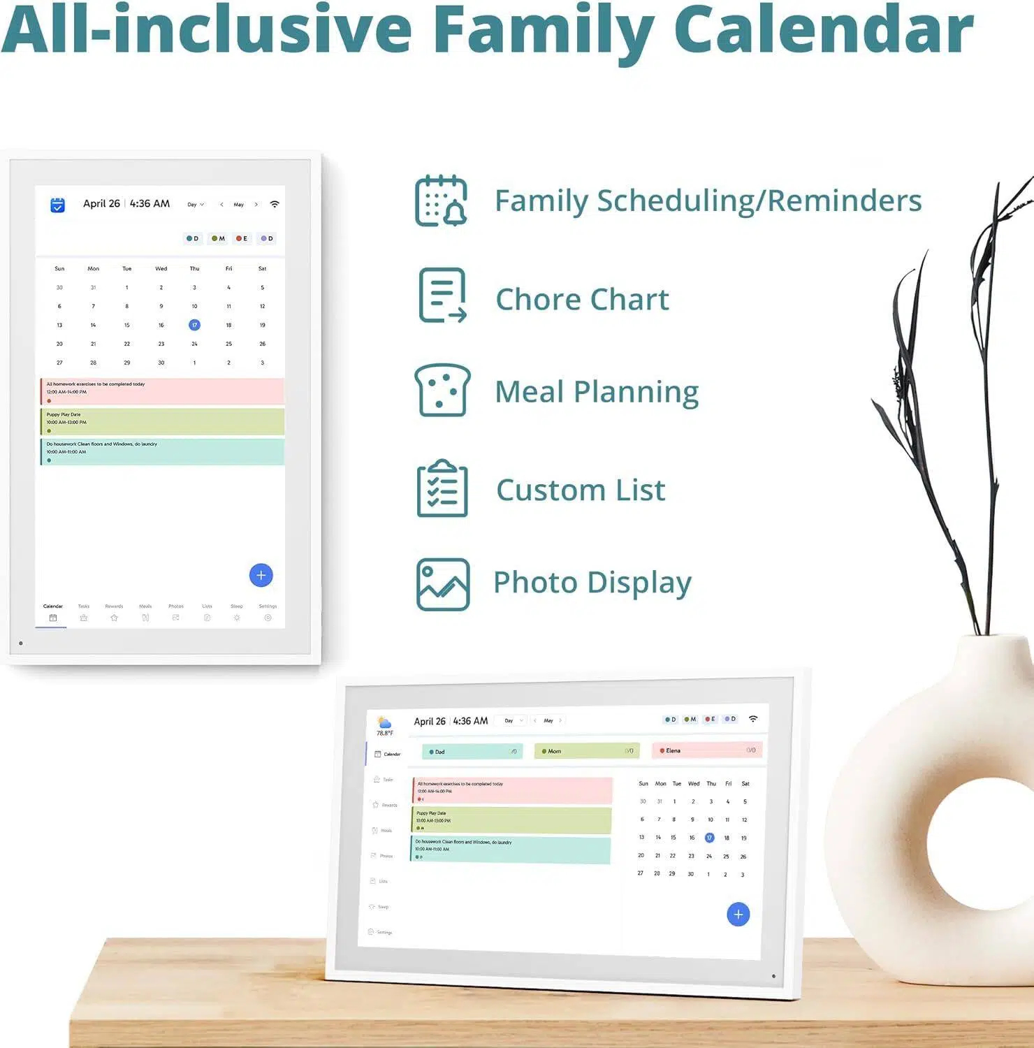 KABB Calendar: 15-inch Digital Calendar & Chore Chart, Smart Touchscreen Interactive Display for Family Schedules – Wall Mount Included, Great for Organizing Your 2026 Calendar