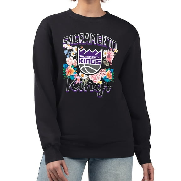 Women's G-III 4Her by Carl Banks Black Sacramento Kings Flowers Team Logo Graphic Fleece Crewneck Pullover Sweatshirt