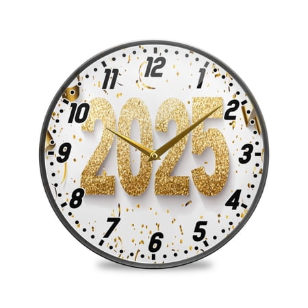 Wall Clock Battery Operated Non-Ticking Silent for Living Room Bedroom Kitchen Office Decor Gold 2025 and Ribbons 9.5