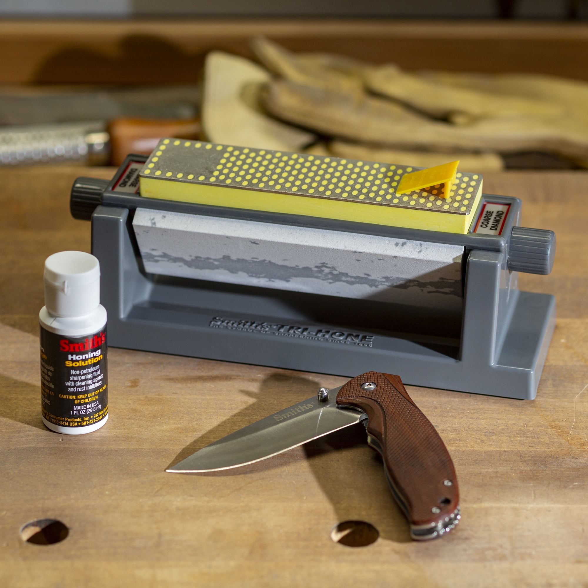 Smith's Diamond Tri-Hone Knife Sharpener 6" Fine, Coarse and Arkansas Grit