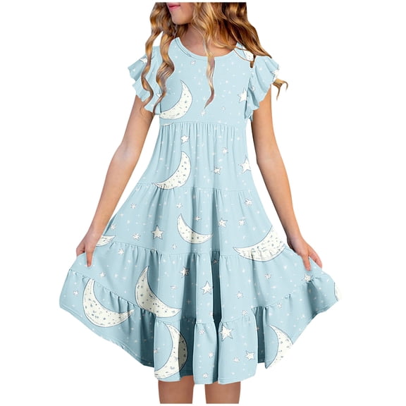 Fatuov Summer Dresses for Kids Girls Floral Printed Crew Neck Lightweight Dress for Travel Short Sleeve Pleated Flowy Beach Dress with Pocket