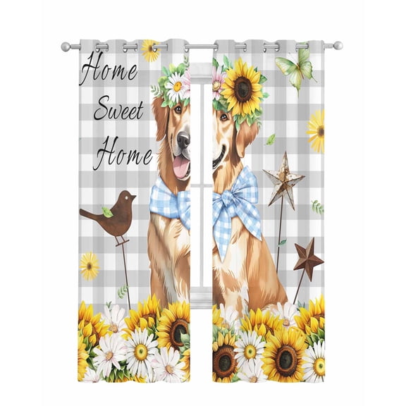 Sunflowers Dog Sheer Curtains 84 Inch Length 2 Panels Set for Living Room/Bedroom, Spring Watercolor Floral Stars Grey Plaid Kitchen Curtains Grommet Semi-Sheer Curtains Window Treatments 42"x84"x2