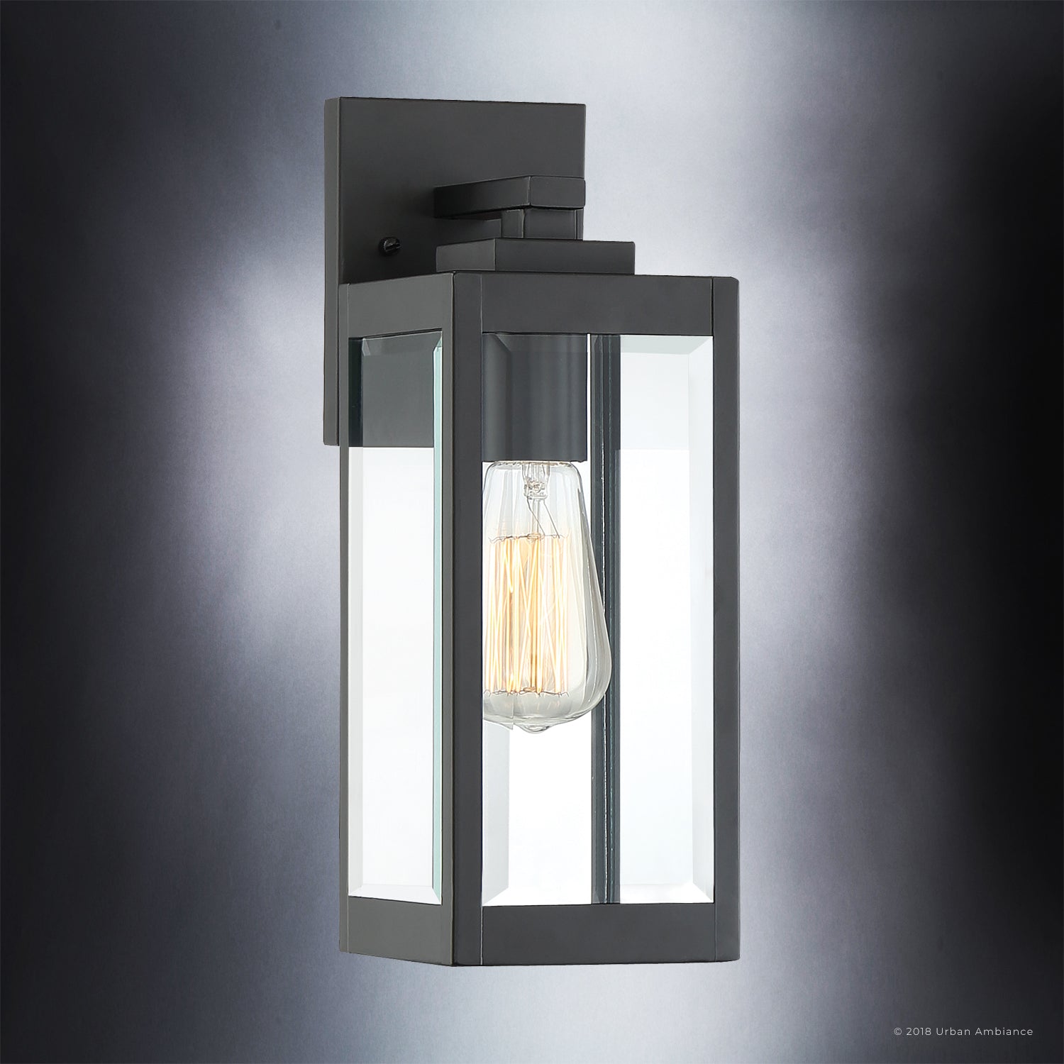 Luxury Modern Farmhouse Outdoor Wall Sconce, 14.25''H x 5.00''W, with Industrial Style Elements, Minimalist Design, Natural Black Finish and Clear Glass Panel With Beveled Edge, UQL1330