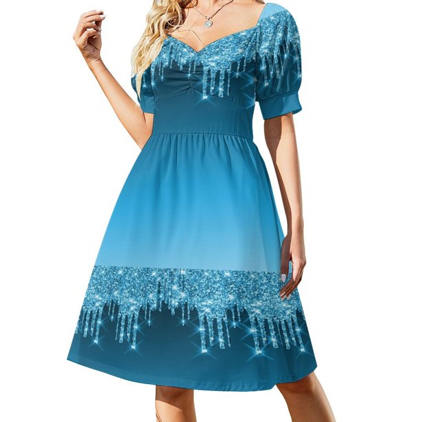 Vestido de verano de mujer con mangas cortas y estampado de purpurina azul
