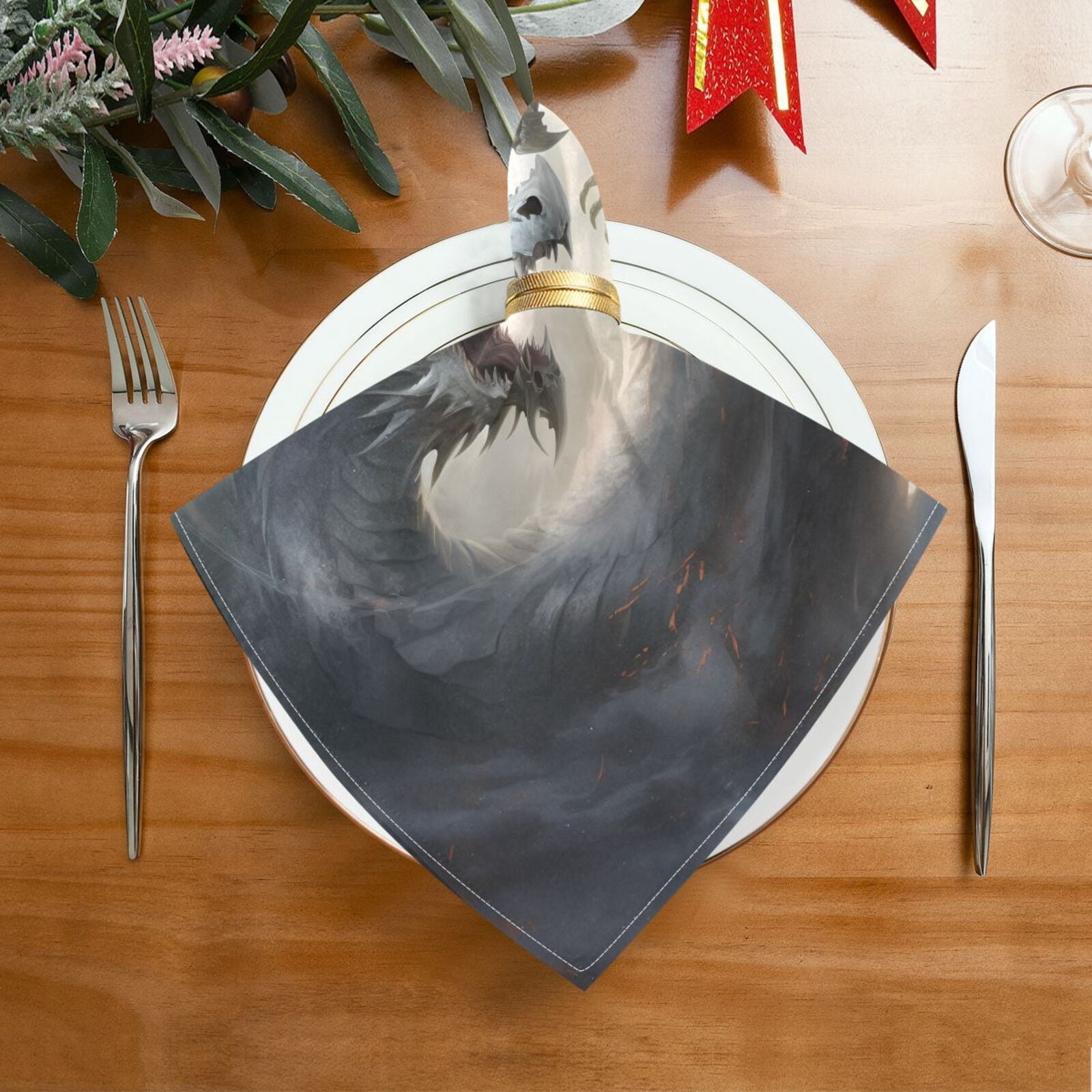 JSTEL Dragons Fighting Cloth Napkins Set of 6, 20x20 Inch Washable and Reusable Napkin for Decoupage Dinner Party Everyday Use