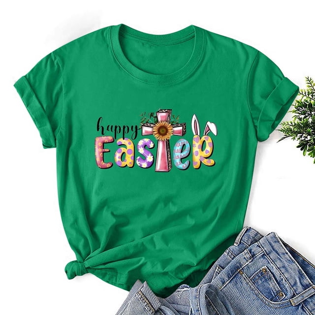 EGNMCR T-Shirts de Pâques pour Femmes T-Shirts à Manches Courtes pour Femmes Imprimé de Pâques Mode de Pâques pour Femmes T-shirt à Manches Courtes Imprimé de Pâques Haut à Manches Courtes à Col Rond T-Shirts pour Femmes