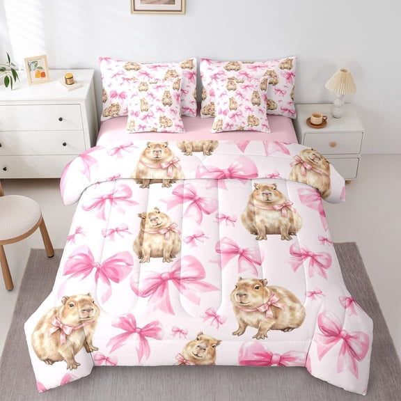 Erosebridal Cartoon Capybara Twin Bedding Sets 7-Piece For Kids,Pink Ribbon Bow Tie Bedding Comforter Set For Children Boys Girls,Pink Reversible