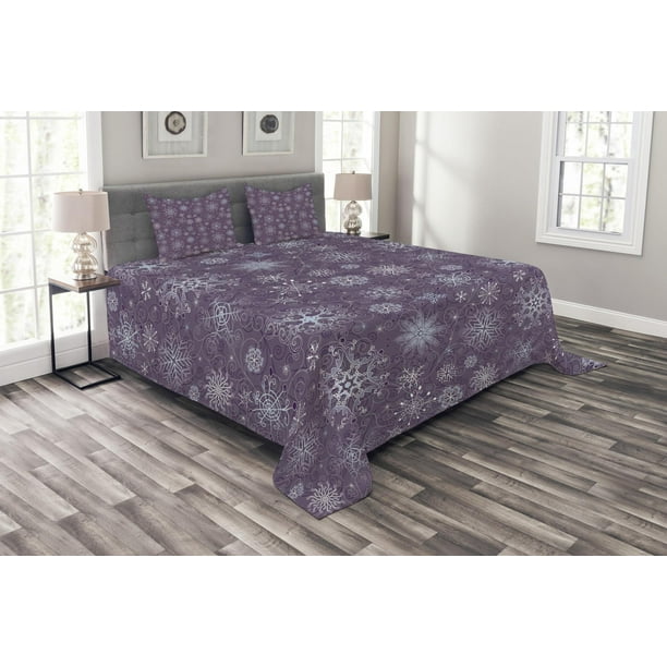 Eggplant Bedspread Set, Christmas Inspired Cute Flowers Snowflakes and