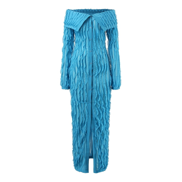FEIFLY Women Elegant Off Shoulder Dress Long Sleeve Button Down Split  Ruffle Bodycon Midi Dresses Solid Color Festival Clothing - Walmart.com