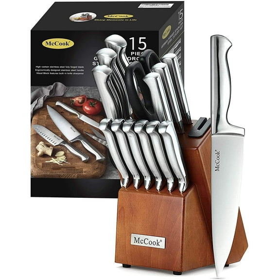 McCook MC29 Knife Sets, 15 Pieces German Stainless Steel Kitchen Knife Block Sets with Built-in Sharpener