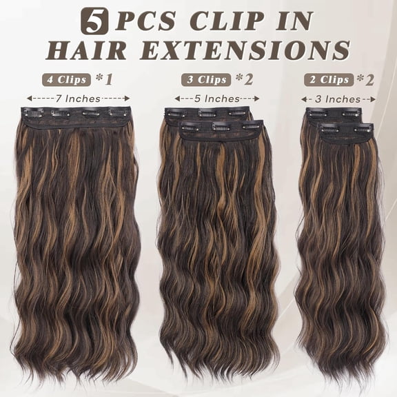 WEIF-Wavy Clip in Hair Extensions - 20 Inch Highlight Clip in Hair Extensions for Women - 5PCs Thick Soft Synthetic Loose Wave Balayage Extensions Hairpieces – Dark Brown with Highlights