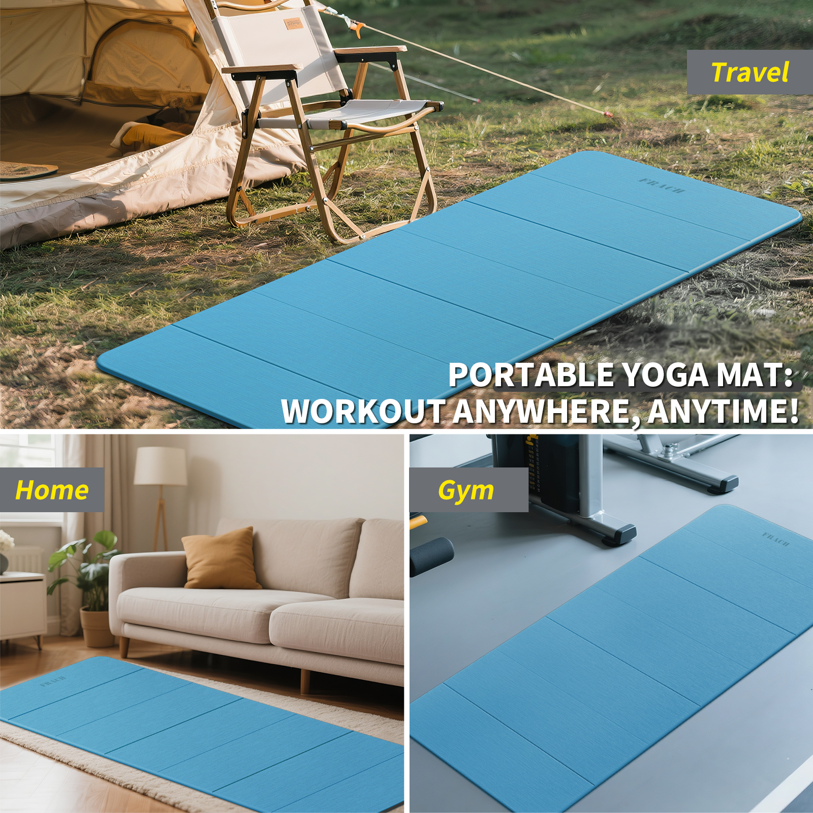 Frach Wide Foldable Yoga Mat - Extra Large 75"x32" Quick-Fold & Versatile Use Non-Slip TPE for Workout & Home Gym (Blue+Black)