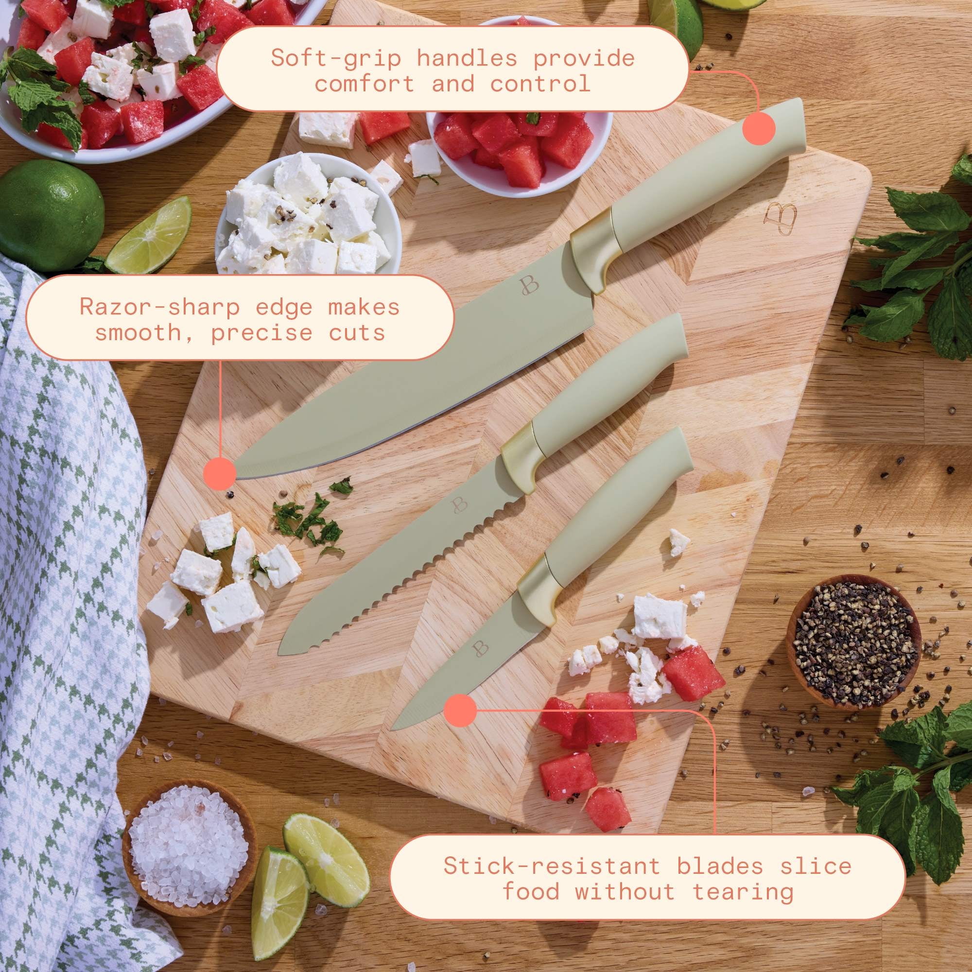 Beautiful 12pc Sage Green Stainless Steel Knife Block Set Soft-Grip Handles by Drew Barrymore