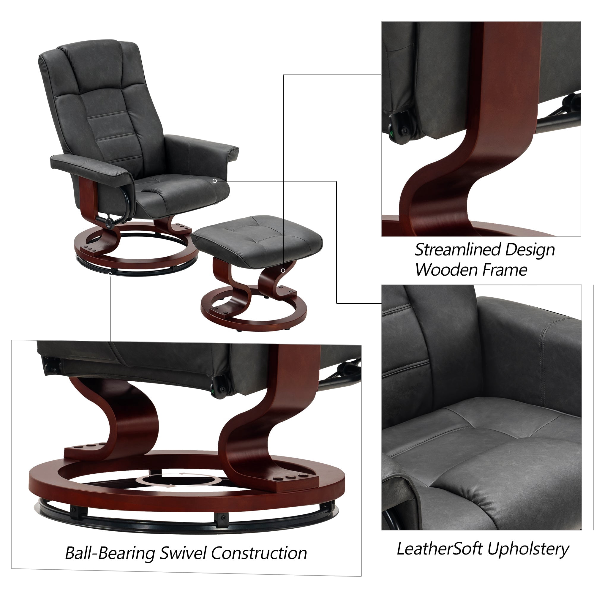 MCombo Swivel Recliner Chair with Wood Base and Ottoman, Faux Leather