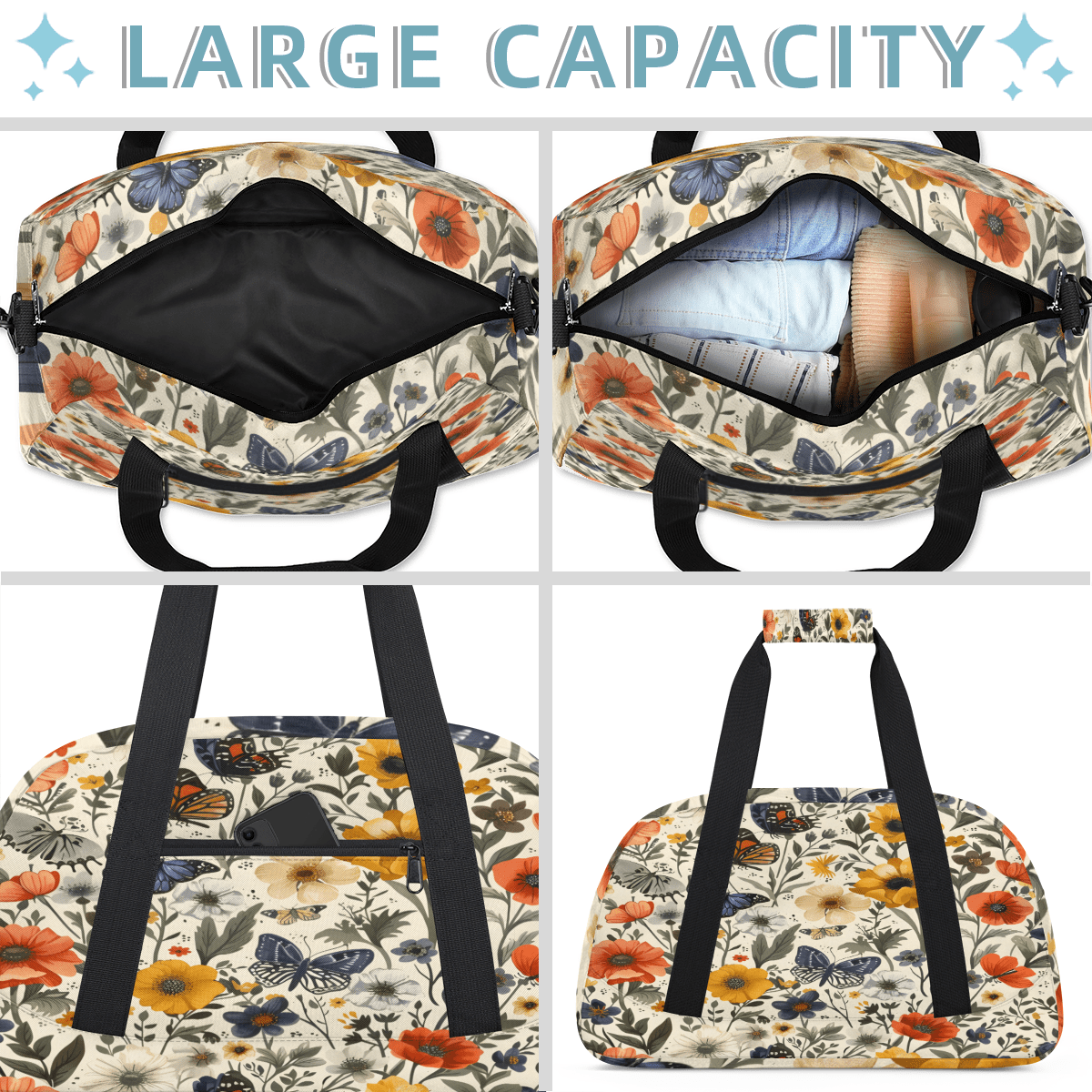 Herdesigns Butterfly Sports Duffle Bag for Women & Men, Flower Gym Bag Dance Bag Overnight Bag Carry On Weekender Travel Bag