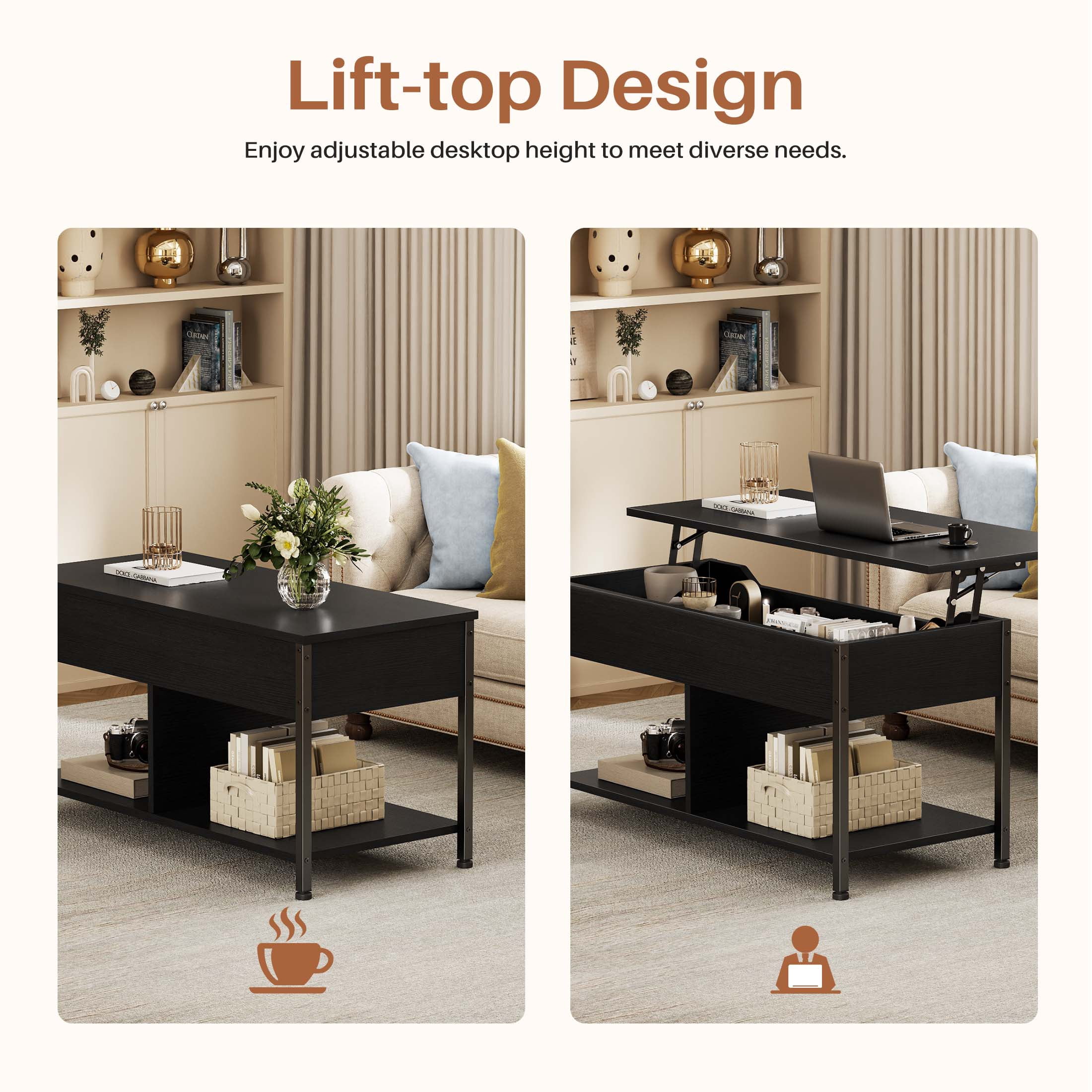 EDX Lift-Top Coffee Table , Adjustable Height Convertible Center Table with Storage, for Living Room, Black