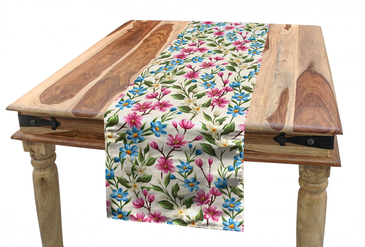 Flower Table Runner, Blooming Spring Flowers on Branches Romantic