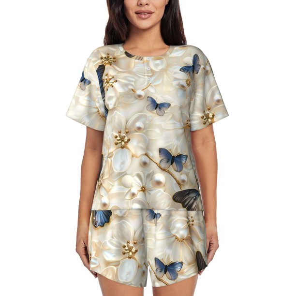 Balery Elegant Butterflies And Pearls Conjunto de Pijama para Mujer con Estampado, Dos Piezas de Manga Corta y Shorts, Ropa de Dormir Suave con Cuello Redondo y Bolsillos-Medium